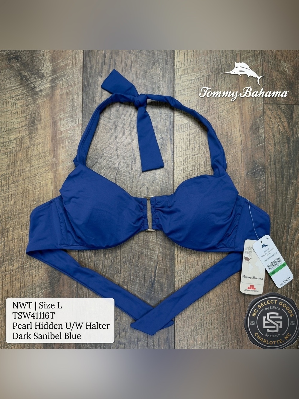 NEW Tommy Bahama Pearl Hidden Underwire Halter Bikini Top L Blue TSW41116T